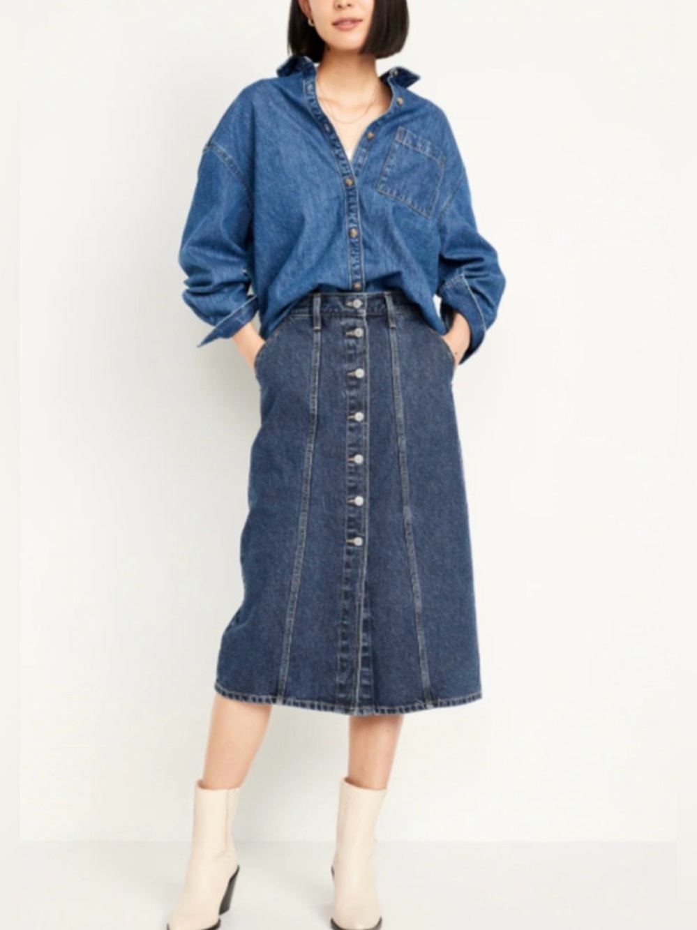 NEW | Old Navy | High Rise Dark Blue Button-Front Denim Jean Midi Skirt | US 12